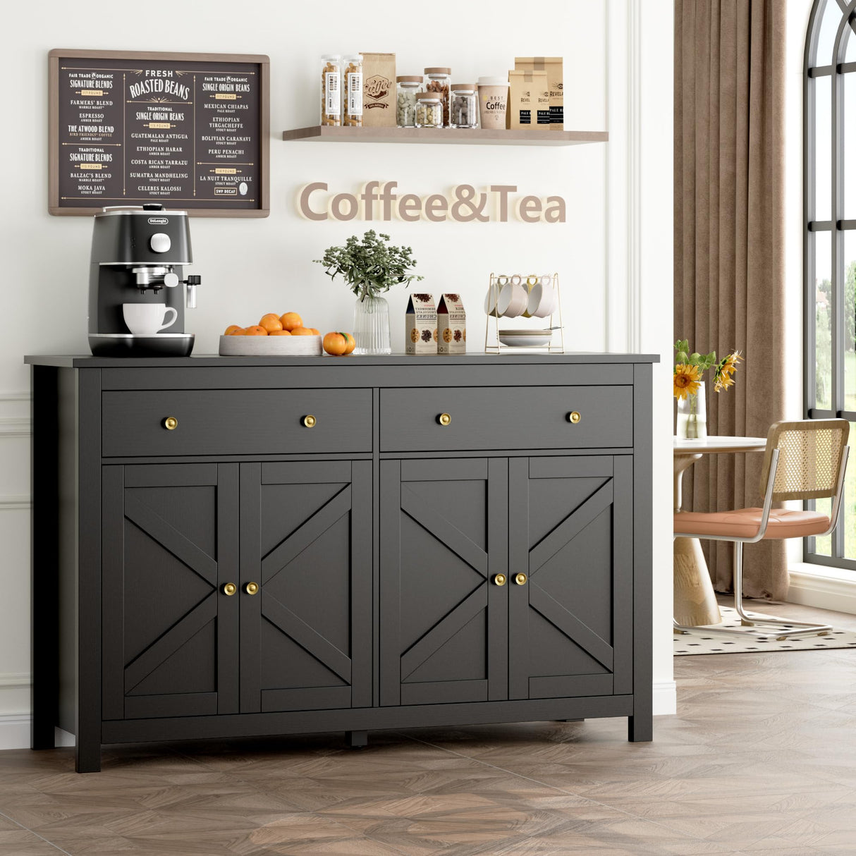FOTOSOK Black Sideboard Buffet Cabinet with Storage, 55.1" Large Buffet Cabinet Kitchen Cabinet with 2 Drawers and 4 Doors, Farmhouse Coffee Bar Cabinet Buffet Table Sideboard Cabinet for Kitchen FOTOSOK