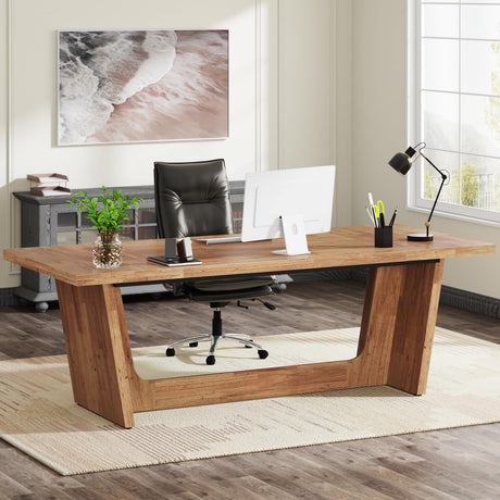 Tribesigns 70.87-Inch Executive Computer Desk: Large Home Office Desk with Solid Wooden Pedestal, Industrial Wood Study Writing Table, Workstation Business Furniture, Walnut Tribesigns