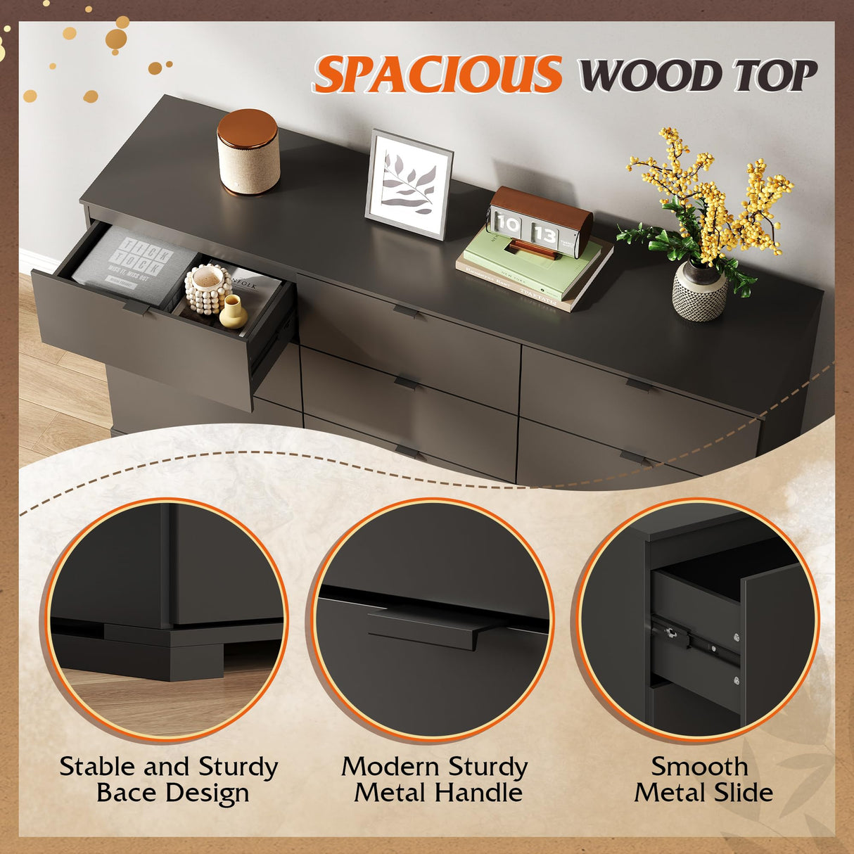 WLIVE 9 Drawer Dressers, Modern Large Wood Dresser Chest for Bedroom Organize with Sturdy Metal Handle, TV Stand for 75 inch TV, Living Room Office, Hallway, Ball Bearing Slide, Black (63" W) WLIVE