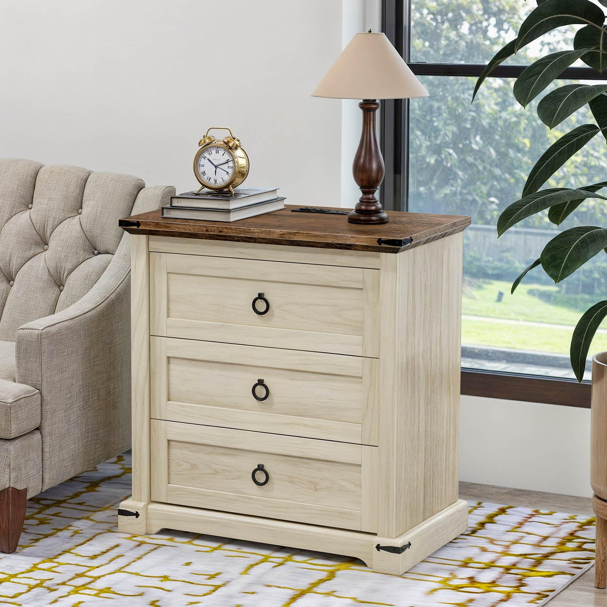 YITAHOME Farmhouse 3-Drawer Nightstand with Built-in USB Charging Ports, Open Shelf Storage Cabinet End Table for Sofa & Bed, Off-White & Walnut Grain Finish YITAHOME