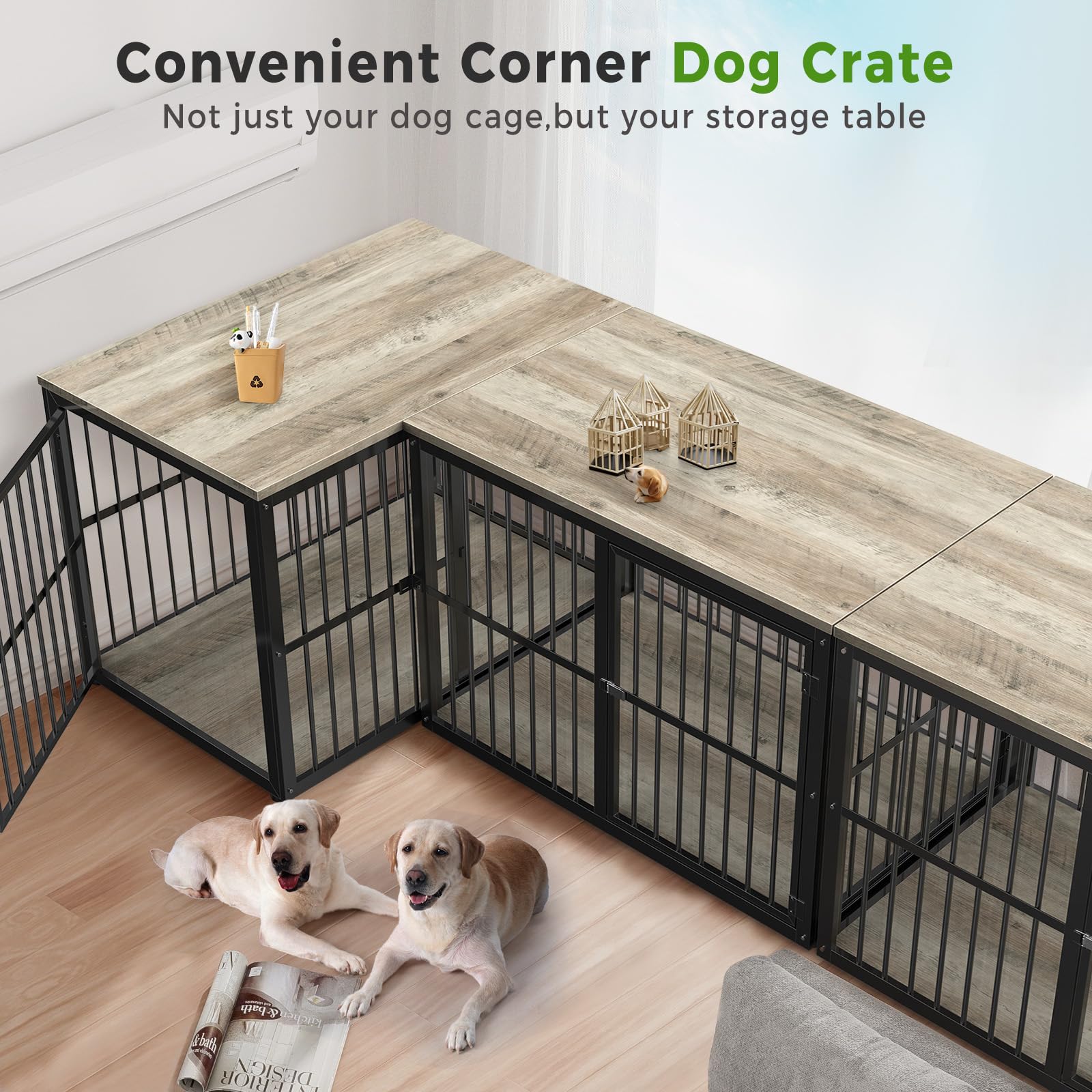 Lyromix 43'' L-Shaped Corner Dog Crate Furniture Large Breed for 2 Dogs with Double Rooms,Wooden Dog Crate End Table Indoor with Removable Divider for Small to Medium Dogs, Can Use Separately - WoodArtSupply