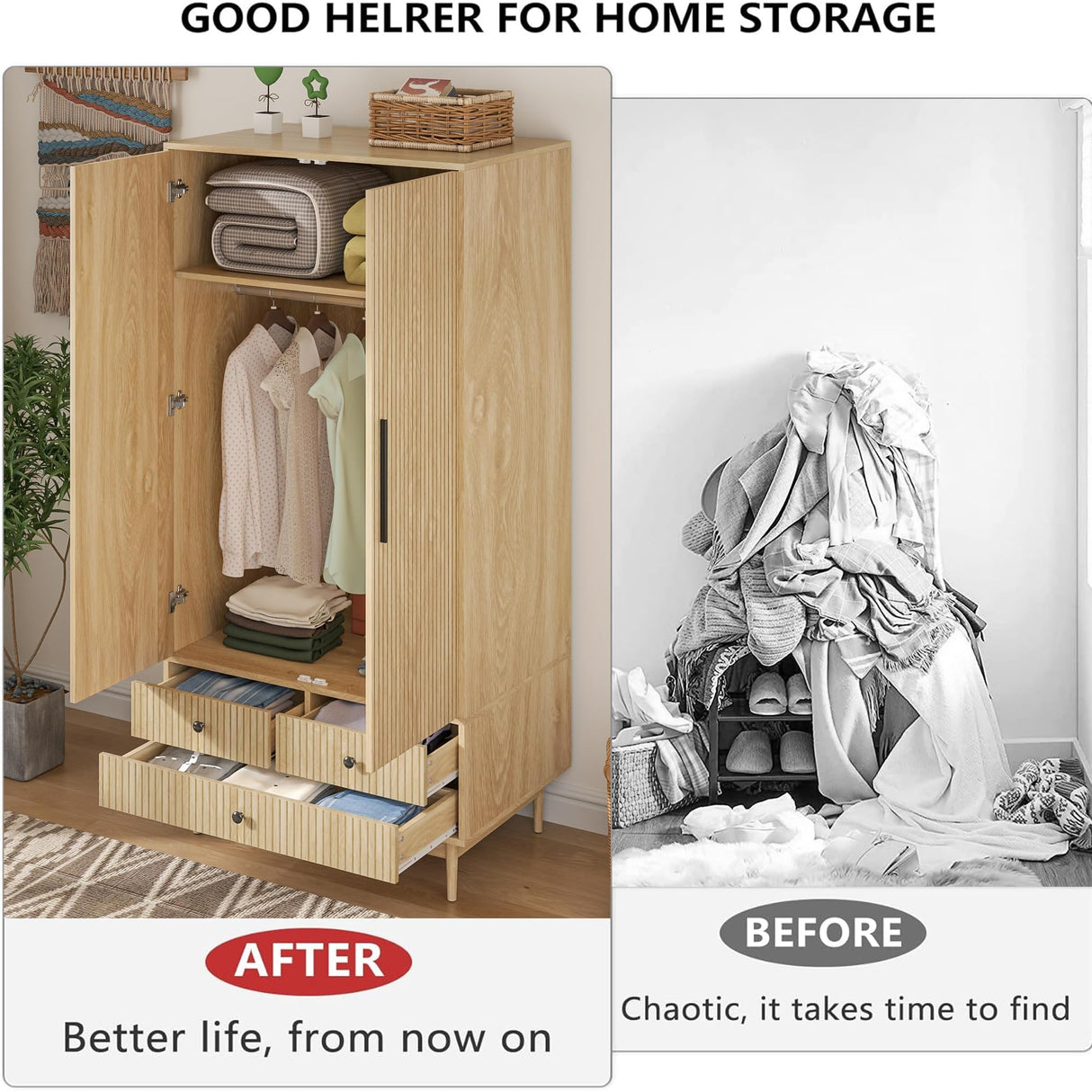 Mxtxmy Armoire Wardrobe Closet with 2 Fluted Doors,64.96" Wooden Clothes Storage Cabinet with Hanging Rod and Shelf Storage,Wardrobe Cabinet with 3 Drawers,Freestanding Closet for Bedroom (Natural) Mxtxmy