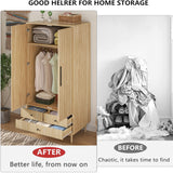 Mxtxmy Armoire Wardrobe Closet with 2 Fluted Doors,64.96" Wooden Clothes Storage Cabinet with Hanging Rod and Shelf Storage (Natural) (Natural) Mxtxmy