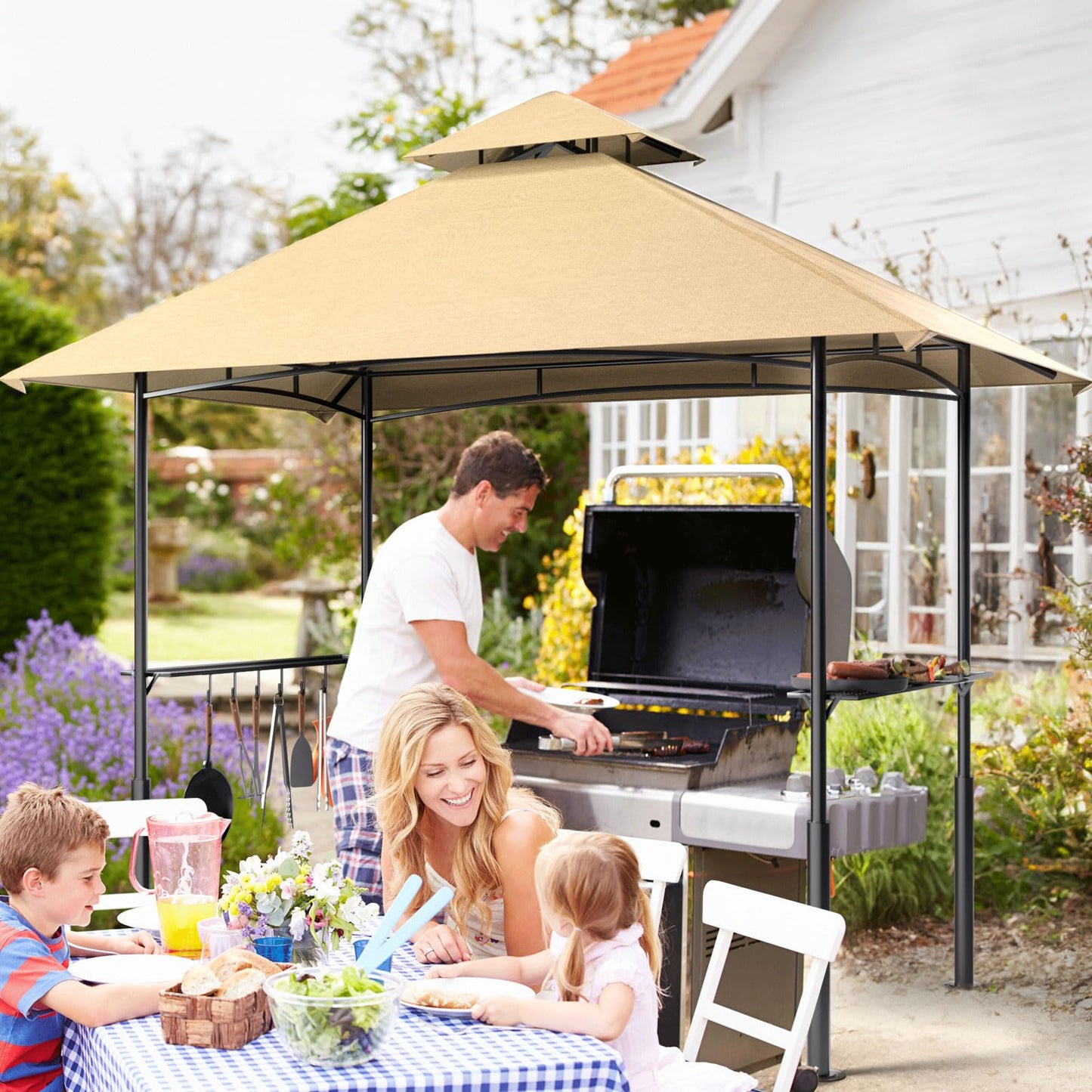 8x5 Grill Gazebo, Double Roof BBQ Gazebo with 2 Handy Shelves, Sturdy Steel Frame, 7 Hook Tools, Sun & Waterproof, Perfect for BBQ, Party, Garden (Khaki) - WoodArtSupply