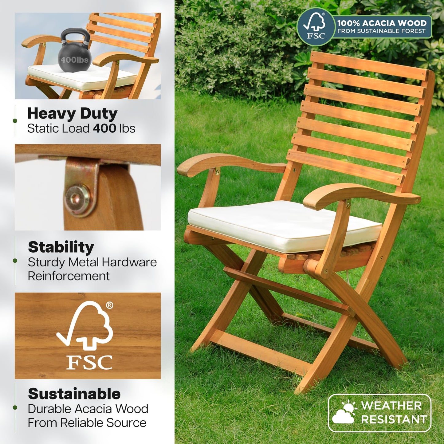 IDZO, Percy Chairs Heavy Duty 400lbs Capacity Set of 2 with Cushion, FSC Acacia Outdoor Furniture, Teak Finish, Fully Assembled, Wood Folding Beige - WoodArtSupply