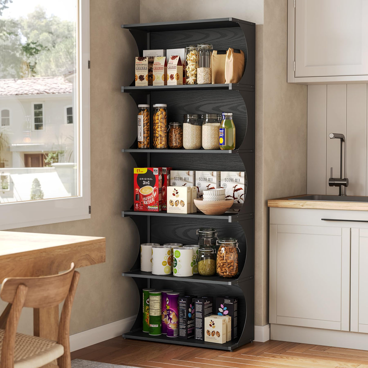 LITTLE TREE 5-Tier Bookcase, 70.8" Tall Open Bookshelf with Unique Curved-Edge Design, Modern Display & Storage Rack, Floor Standing Shelves for Home Office, Living Room, Bedroom, Studies, Black LITTLE TREE