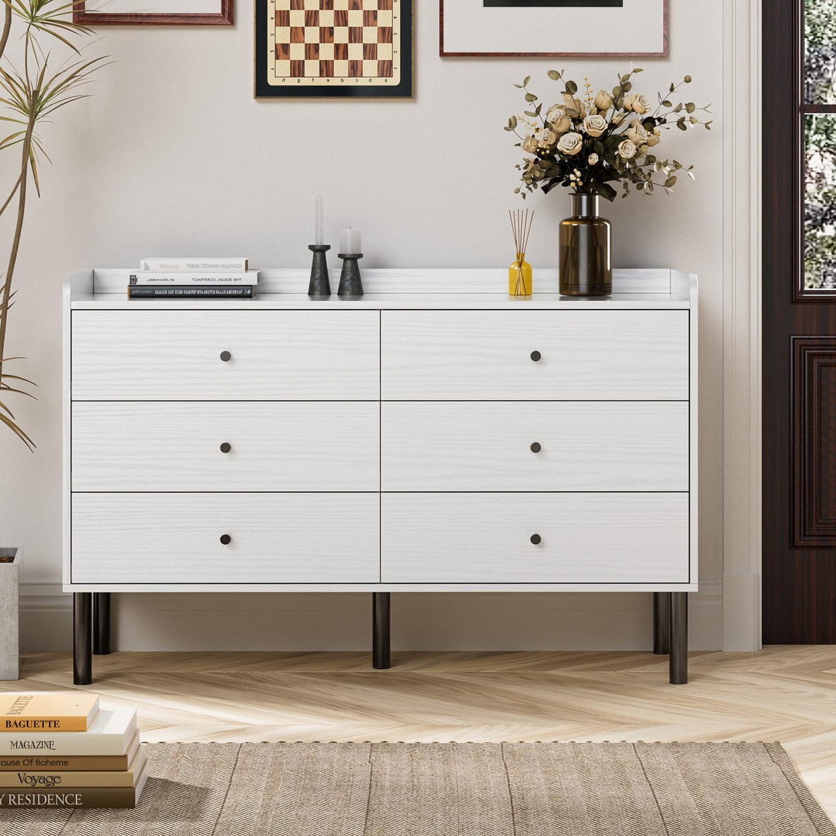 LYNSOM White Dresser for Bedroom, 6 Drawer Dresser with Wide Drawer and Metal Handles, Modern Dressers & Chests of Drawers for Hallway Entryway LYNSOM