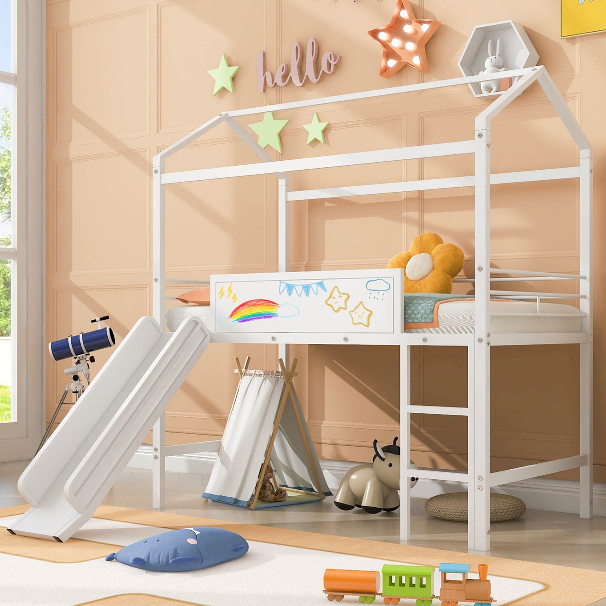 Harper & Bright Designs Twin Size House Loft Bed with Slide, Metal Loft Bed Frame Twin with Ladder, Kids Playhouse Loft Bed with Writing Board for Girls Boys, No Box Spring Needed, White Harper & Bright Designs