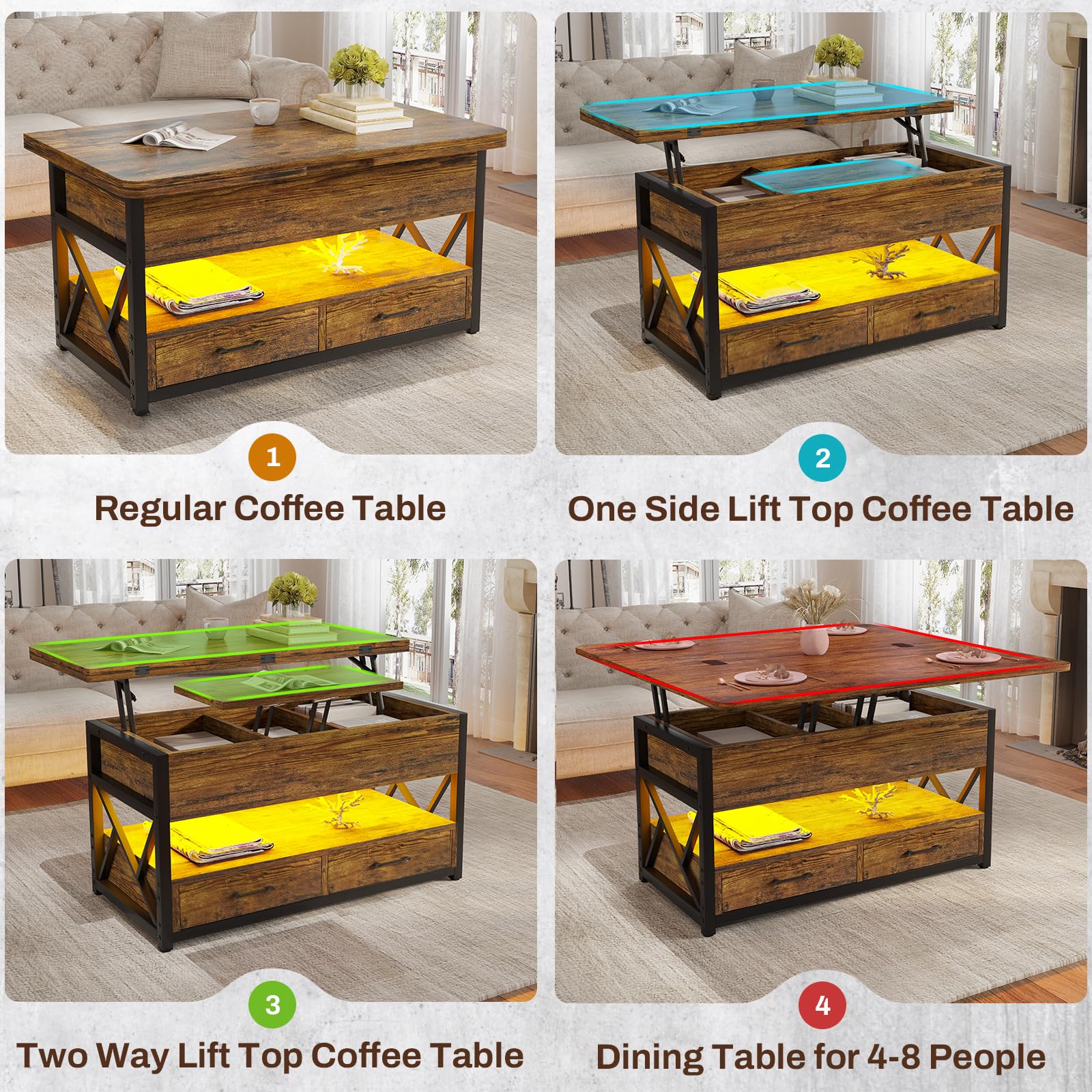 Itaar 40" Lift Top Coffee Table, 4 in 1 Coffee Tables with Storage for Living Room, Small Farmhouse Coffee Table with 2 Drawers & LED Light for Dining Reception Room, Rustic Brown - WoodArtSupply