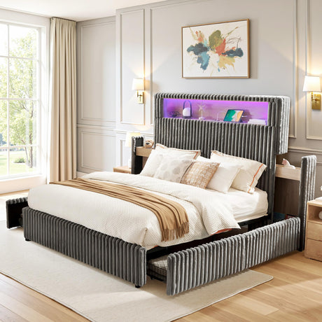 Jocisland King Size Storage Bed Frame with 51.2" Tall Upholstered Headboard, Built-in 6 Drawers & Bookcase, USB Ports & RGB LED Lights, No Box Spring Needed,Grey Jocisland