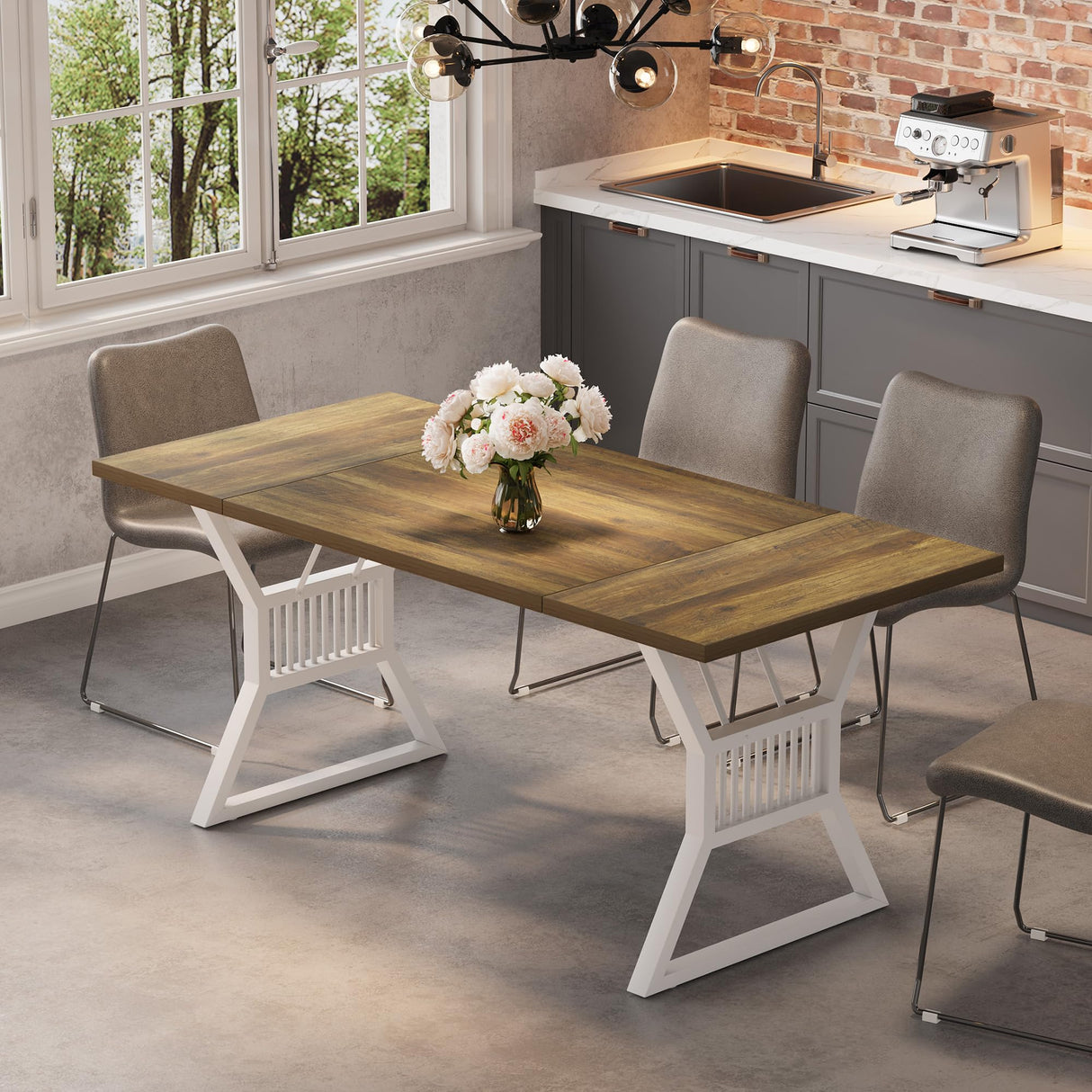 GarveeHome 70.8 Inch Dining Table 6-8 Person, Kitchen Table with Heavy Duty Metal Legs, Farmhouse Dining Room Table for Kitchen, Living Room GarveeHome