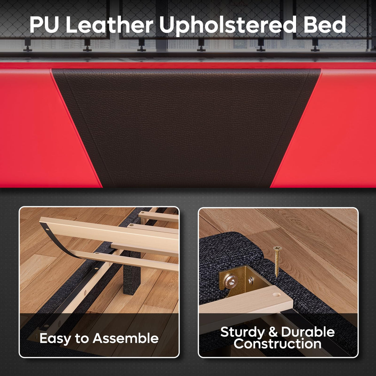 Bestier Queen Bed Frame with Headboard and LED Light, Faux Leather Upholstered Platform Bed with Storage Shelf, Gaming Style Bed Base, Wood Slat Support, Never Squeaks, No Box Spring(Black-Red) Bestier