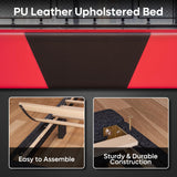 Bestier Queen Bed Frame with Headboard and LED Light, Faux Leather Upholstered Platform Bed with Storage Shelf, Gaming Style Bed Base, Wood Slat Support, Never Squeaks, No Box Spring(Black-Red) Bestier