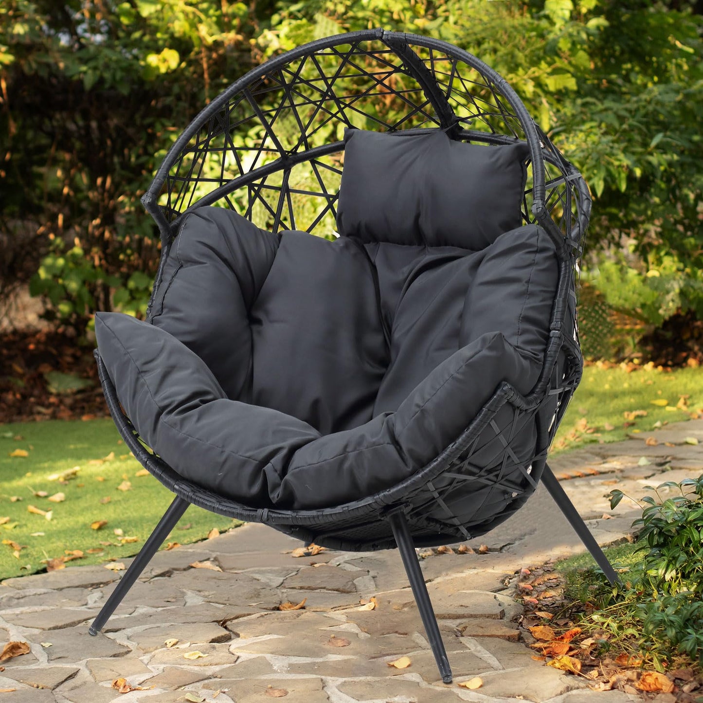 STRPRETTY BASIC Egg Chair - Outdoor Patio Egg Chair Indoor Wicker Egg Chair Basket Lounger Chair with Cushion and Stand for Living Room Patio Backyard (Dark Gray)