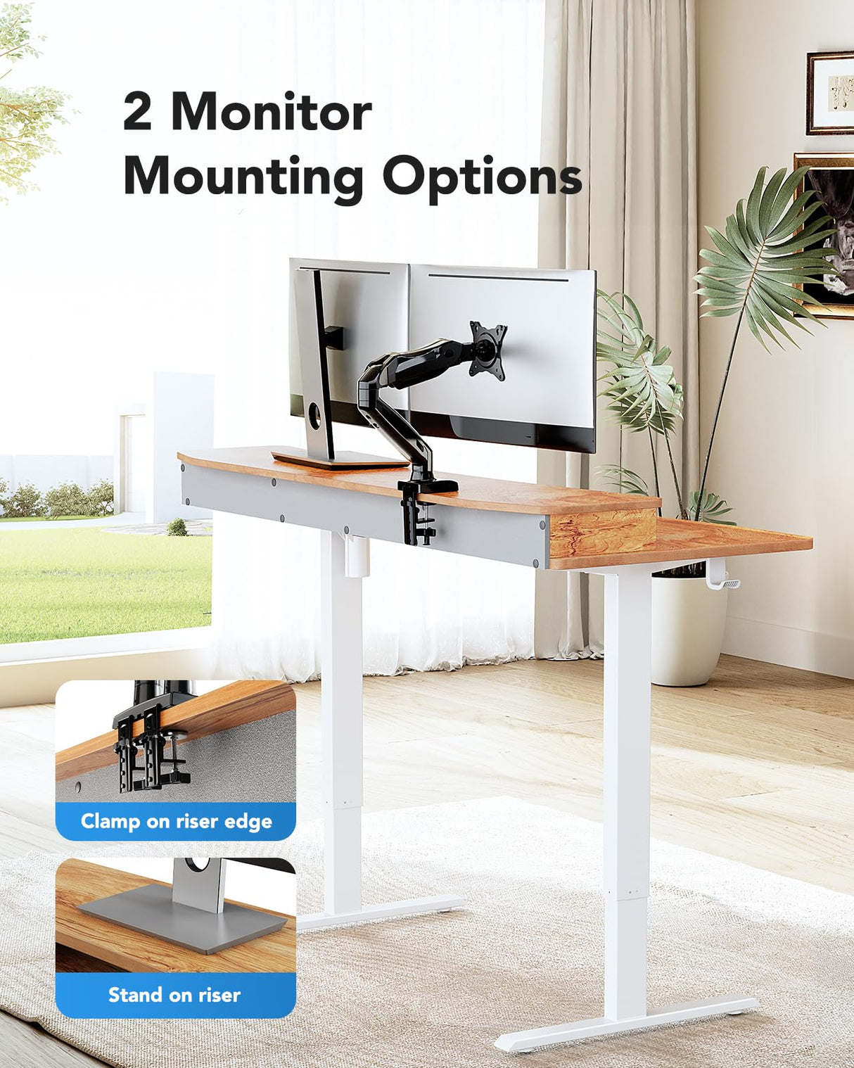 HUANUO 48″ x 24″ Electric Standing Desk with 2 Drawers, C-Clamp Mount Compatible, Height Adjustable Computer Desk, Home Office Stand Up Desk with 4 Preset Heights & 2 Hooks, Light Vintage HUANUO