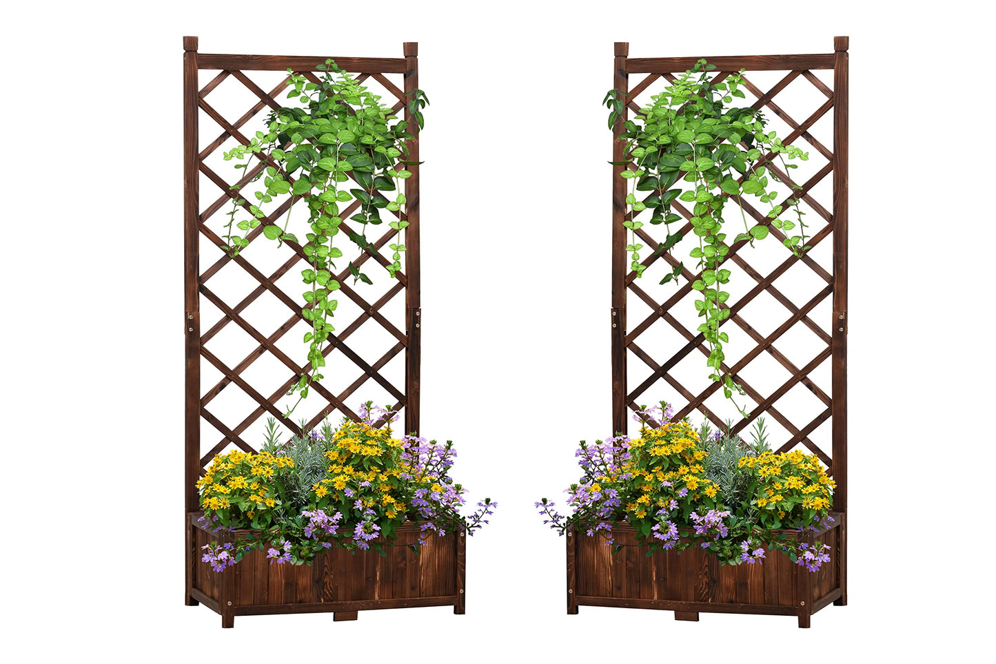 Anraja Raised Garden Bed Planter with Trellis Outdoor Wood Box 67in Set of 2 Flower Standing Planter Box Privacy Lattice Panels with Legs for Patio Porch w/Drainage Holes - WoodArtSupply