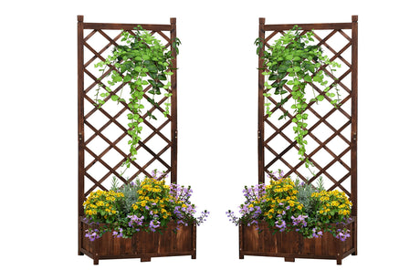 Anraja Raised Garden Bed Planter with Trellis Outdoor Wood Box 67in Set of 2 Flower Standing Planter Box Privacy Lattice Panels with Legs for Patio Porch w/Drainage Holes Anraja