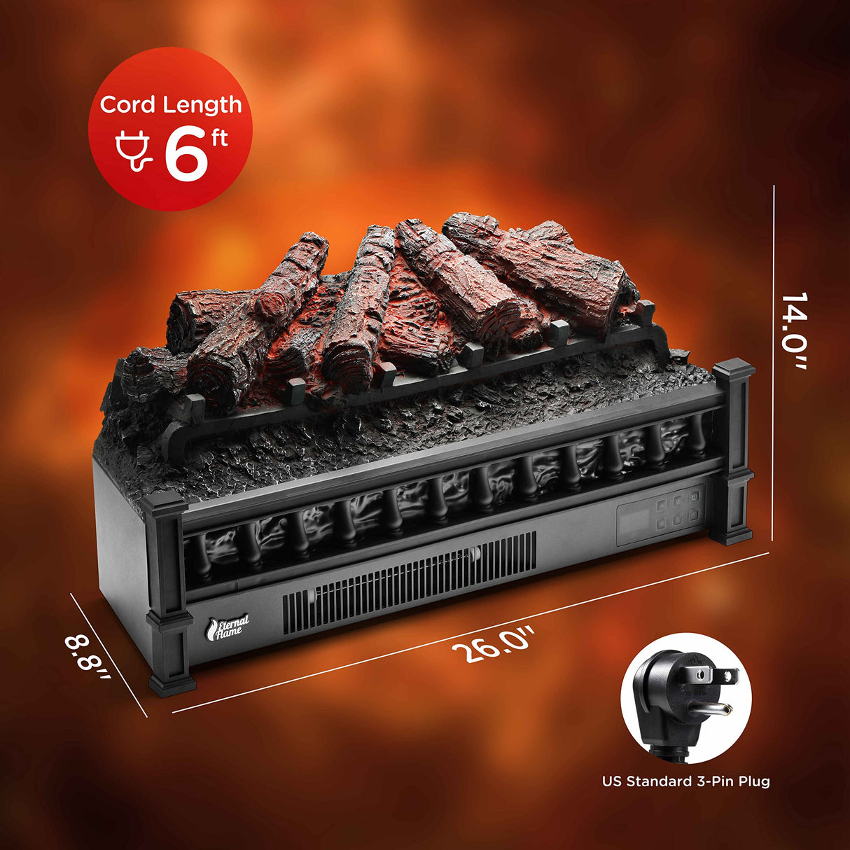 TURBRO Eternal Flame 26-Inch Infrared Quartz Electric Fireplace Log Heater, Realistic Pinewood Logs, Adjustable Flame Colors, Remote Control, Thermostat, Timer, EF26-PB, 1500W TURBRO