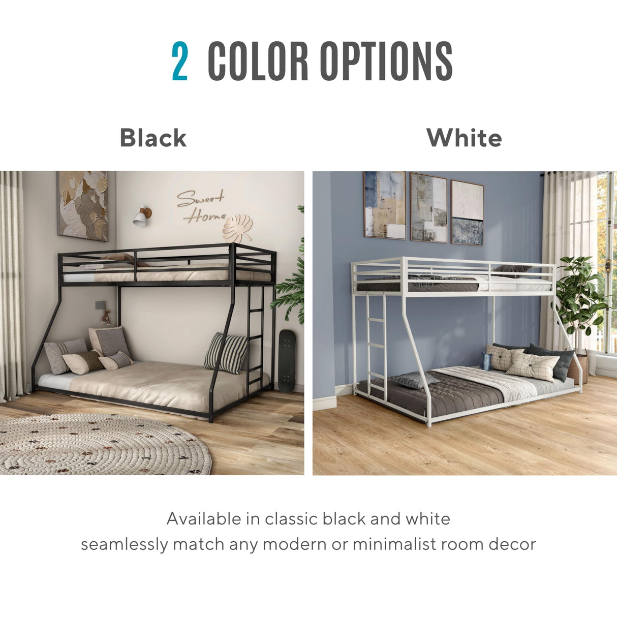 Furniture of America Dravenor Modern Metal Twin Over Full Low Profile Bunk Bed with Reversible Ladder and Twnty-Two Slats, No Box Spring Required, for Kids, Bedroom, Dorm, Black Furniture of America