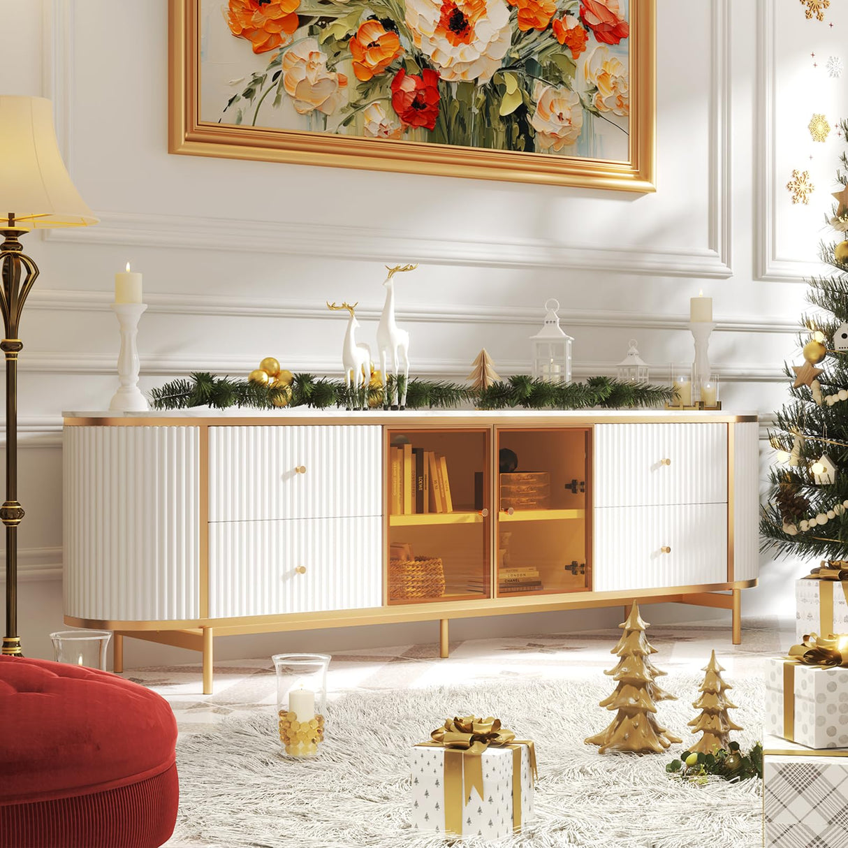 oneinmil Luxury 70" Fluted TV Stand for TVs Up to 75", Modern Entertainment Center with Faux Marble Top, Media Console with Curved Profile Design, Television Stands for Living Room, White oneinmil