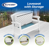 Suncast Elements Stylish Lightweight Loveseat Outdoor Seating with Convenient Built In Universal Storage, and All Weather Plastic, White Suncast