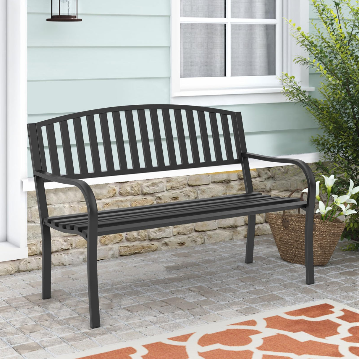 Maemttes Outdoor Bench Garden Bench, Weatherproof Anti-Rust Heavy-Duty Outside Benches Clearance, Wrought Iron Metal Bench for Front Porch, Patio, Park Maemttes