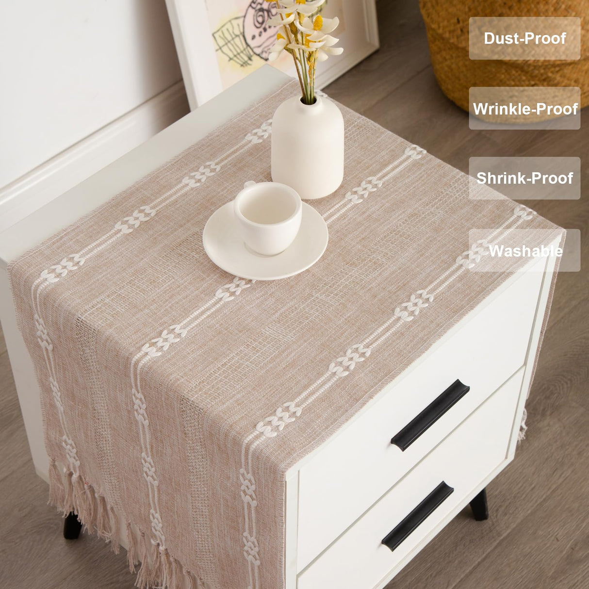 Hpxrom Rustic Small Linen Table Runner Farmhouse Burlap Boho Striped Table Runners Light Coffee Short Table Runner with Hand-Tassels for Dining Wedding Dresser and End Table Decor 14 x 36 Inches Hpxrom