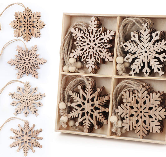 ilauke 20 pcs Unfinished Christmas Wood Snowflake Ornaments - 4 Style of Snowflake Ornaments Bulk with Twine, Christmas Tree Decorations Tags(2.75"-3.15")