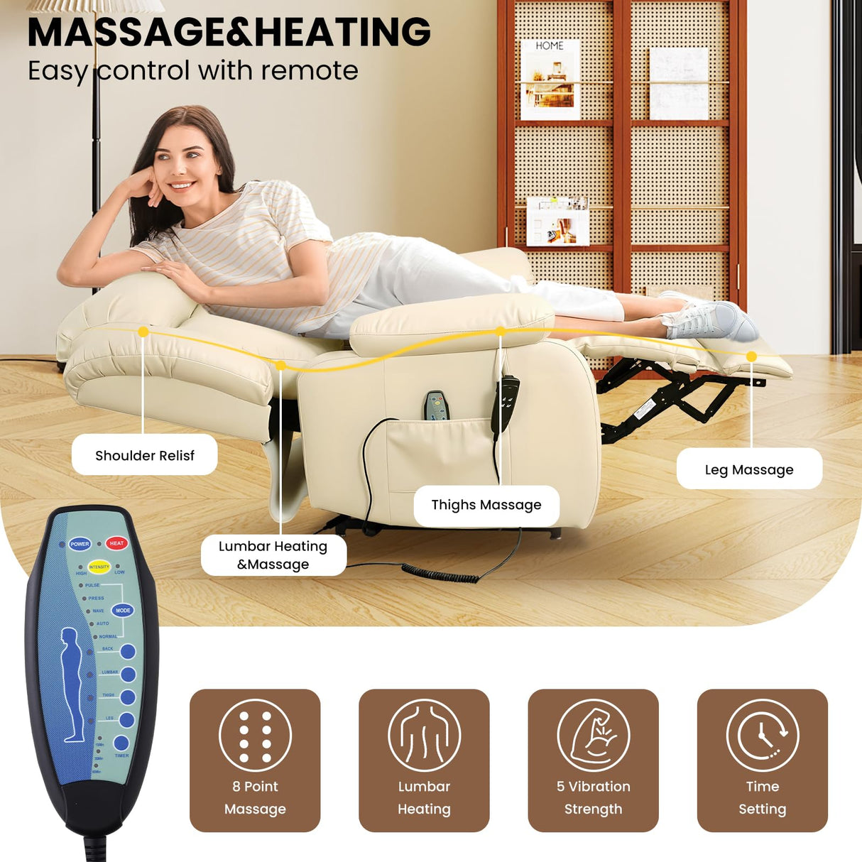 TEKAMON Power Lift Recliner Chair for Elderly with Heat & Massage, Dual Motor Breathable Leather Recliner, Lay Flat Sleeping Chairs with Infinite Position, RemoteControl(Beige, Extended) TEKAMON