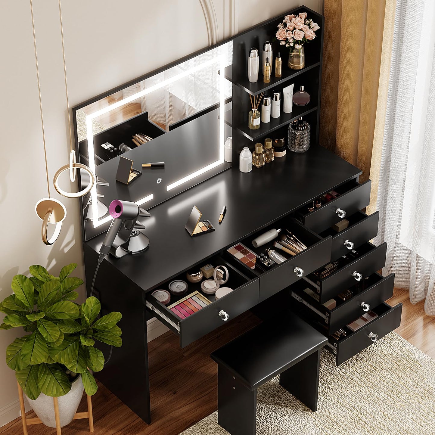 VOWNER Vanity with Lighted Mirror - 47" Makeup Vanity Desk with 7 Drawers, 3 Storage Shelves and Outlet, 3 Color Lighting Modes with Adjustable Brightness, Makeup Desk with Stool for Bedroom,Black