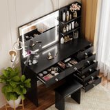 VOWNER Vanity with Lighted Mirror - 47" Makeup Vanity Desk with 7 Drawers, 3 Storage Shelves and Outlet, 3 Color Lighting Modes with Adjustable Brightness, Makeup Desk with Stool for Bedroom,Black VOWNER
