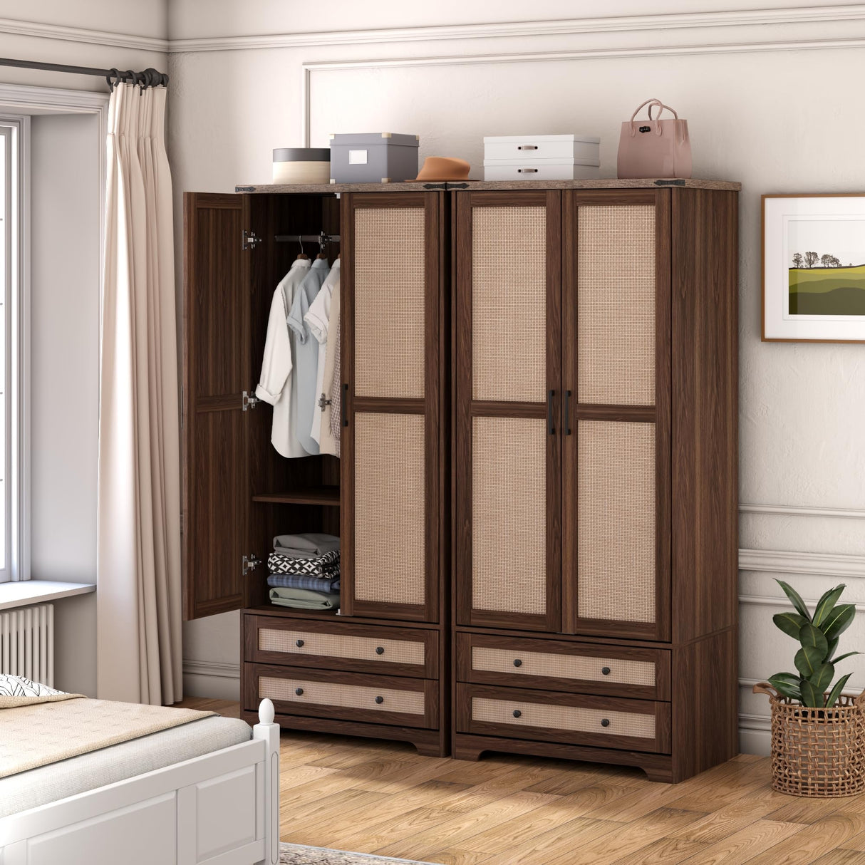 Brafab Armoire Wardrobe Closet with 2 Rattan Doors, 71" Farmhouse Tall Freestanding Coat Closet Wardrobe Cabinet with Drawers and Hanging Rail, Wooden Armoire Storage Cabinet with Shelf for Bedroom Brafab