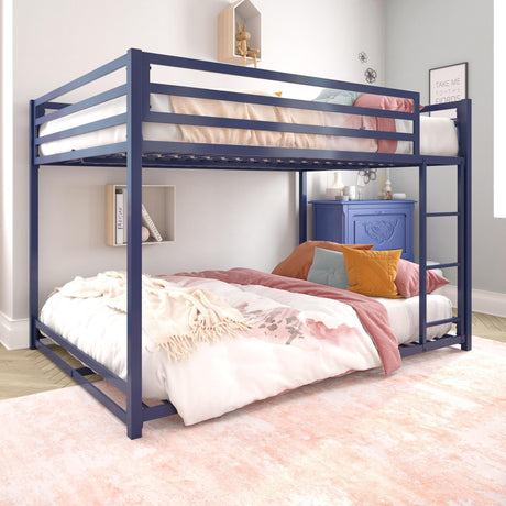 DHP Miles Low Metal Bunk Bed Frame for Kids, With Built-in Ladder, High Guardrail and Metal Slats, Floor Bed Bottom Bunk, No Boxspring Required, For Small Spaces, Full-Over-Full, Blue DHP