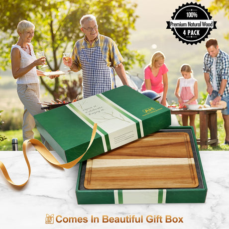 AZRHOM Large Wood Cutting Boards Set of 4 for Kitchen Cheese Charcuterie Board (Gift Box Included) Acacia Butcher Block with Non-slip Mats, Juice Groove and Handles (16x12, 14x10, double 11x8 inch) AZRHOM