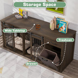 YOCONYO Large Dog Crate Furniture Large Breed,71 Inch Wooden Dog Crate with Tilt Out Trash Cabinet,Drawers,Divider and Sliding Barn Door, Double Doors Dogs Crate for 2 Dogs (Brown) YOCONYO