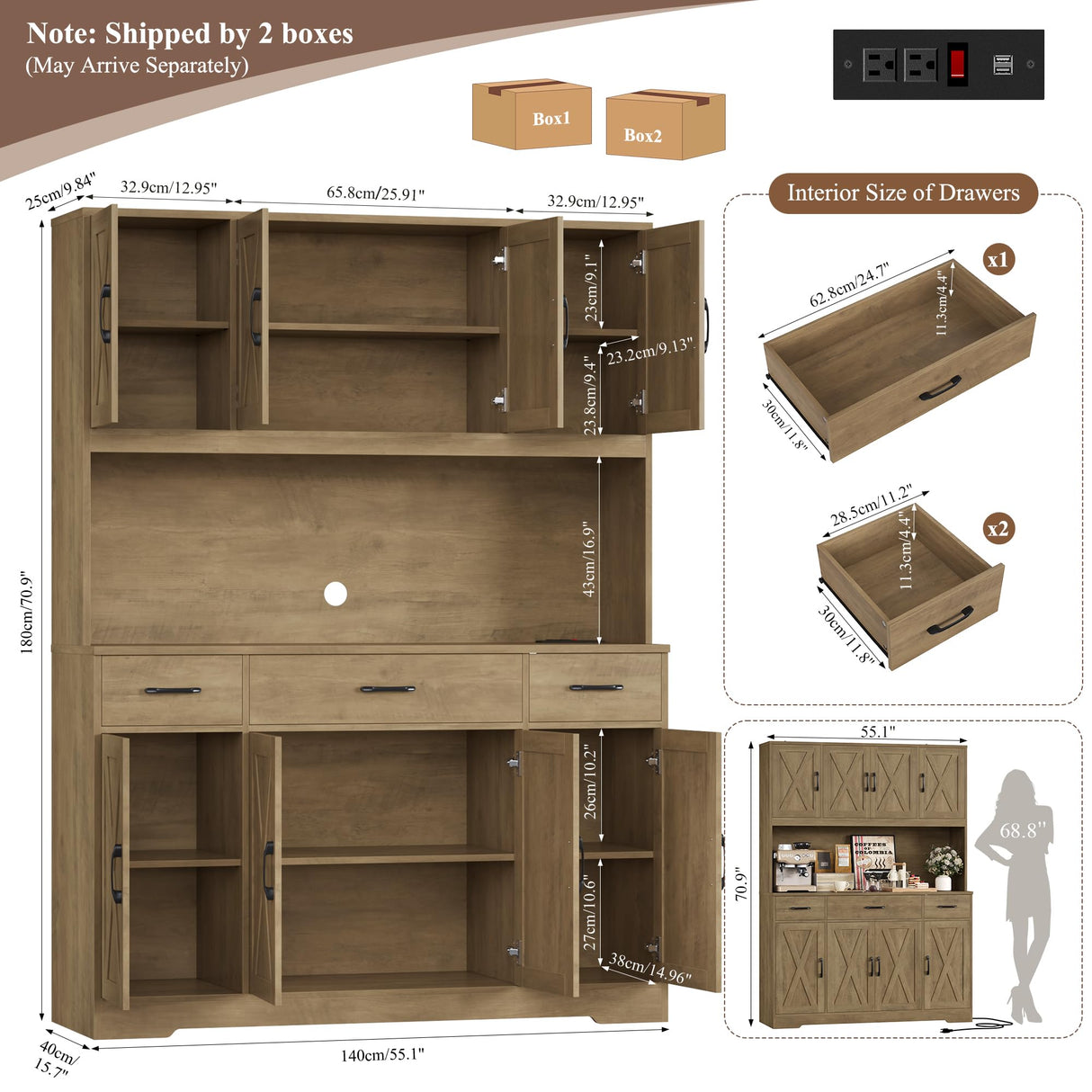 HOSTACK 71" Tall Kitchen Pantry Storage Cabinet with Charging Station, 55" Wide Kitchen Hutch Cabinet with Large Countertop, Farmhouse Food Pantry with Drawers for Living Room (Rustic Brown) HOSTACK