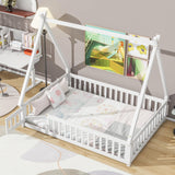 Full Size Teepee Tent Floor Bed with Guardrails & Door for Kids - White Wood Montessori Frame Bellemave