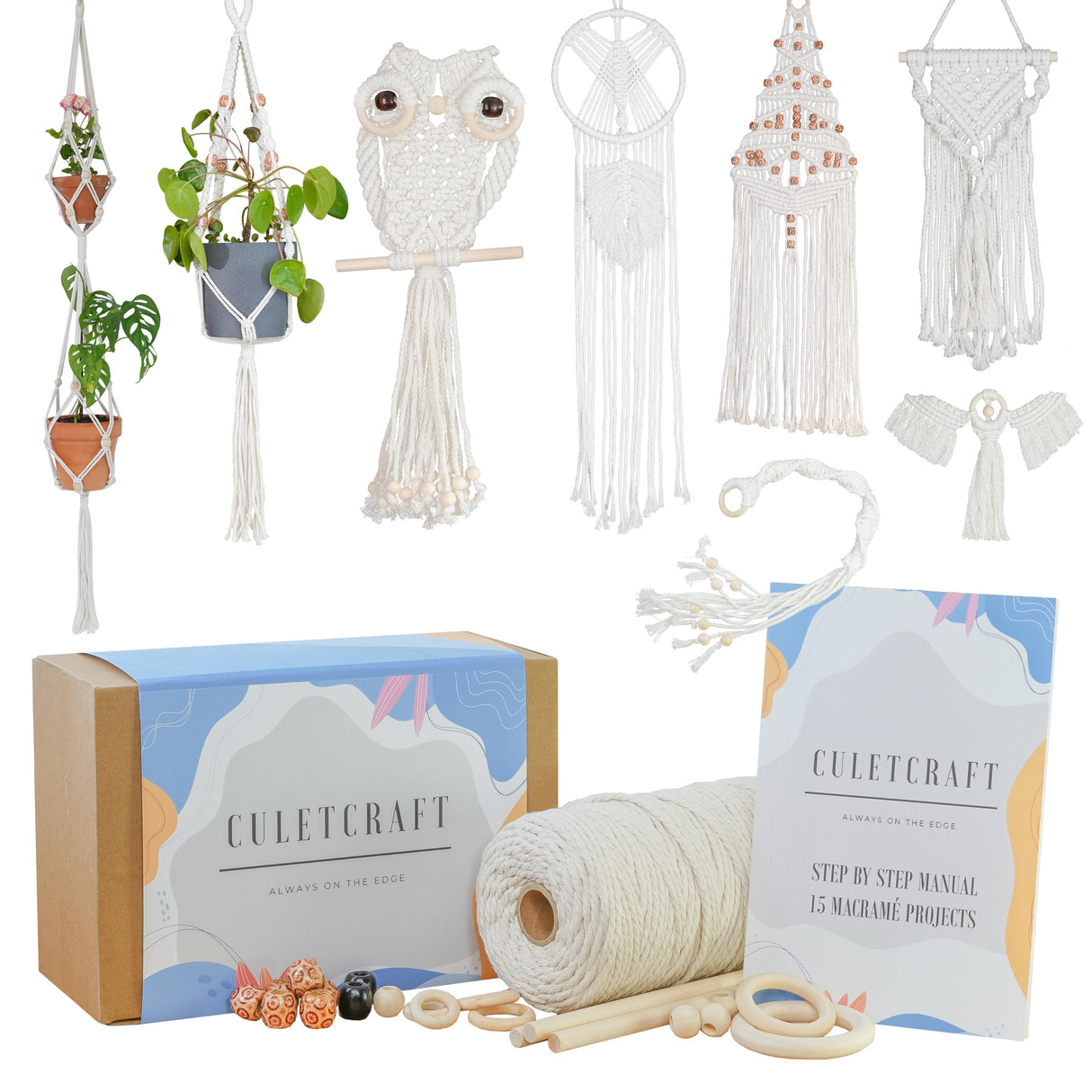 CULETCRAFT Macrame Kit for Beginners 153pc, 15 Projects Book, 164yd Cotton Macrame Cord, Wooden Beads & Sticks, Wooden & Metal Rings, Gift Box, Book & Accessories, Perfect Macrame Starter Kit CULETCRAFT