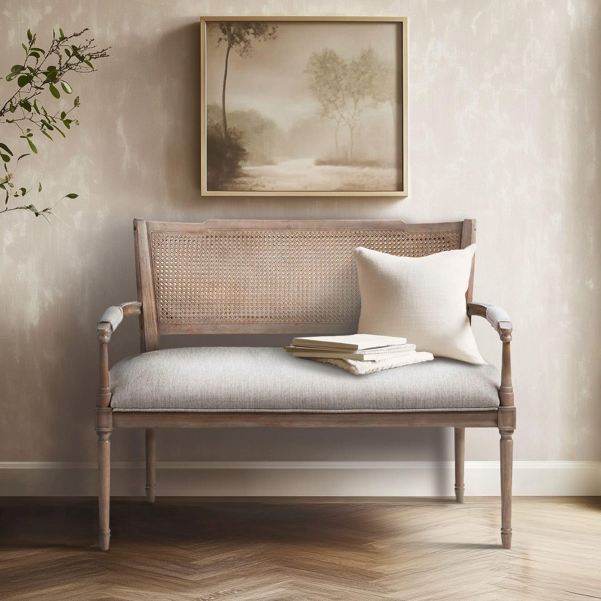 Madison Park Willshire Natural Rattan Settee, Upholstered Seat - Charming Country Design, Rustic Reclaimed Wood Finish, Ratan Insert Backrest & Padded Arm Rest, 47.25" Wide Beige/Reclaimed Natural Madison Park