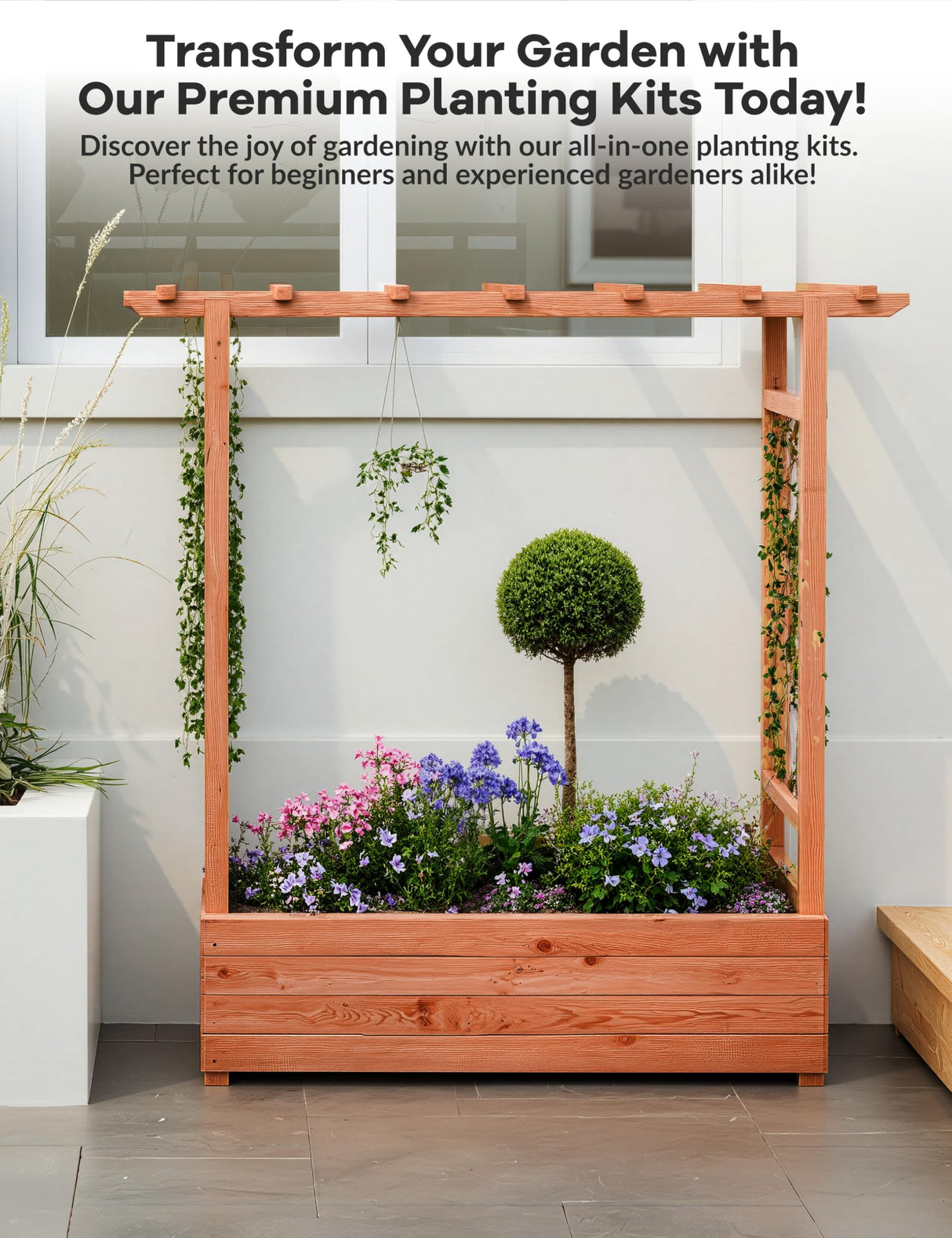 GarveeLife Raised Garden Bed with Trellis, 45 Inch Wood Planter Box with Side Trellis, Hanging Roof, and 4 Drainage Holes, Freestanding Elevated Garden Bed for Climbing Plants, Vines, Flowers GarveeLife