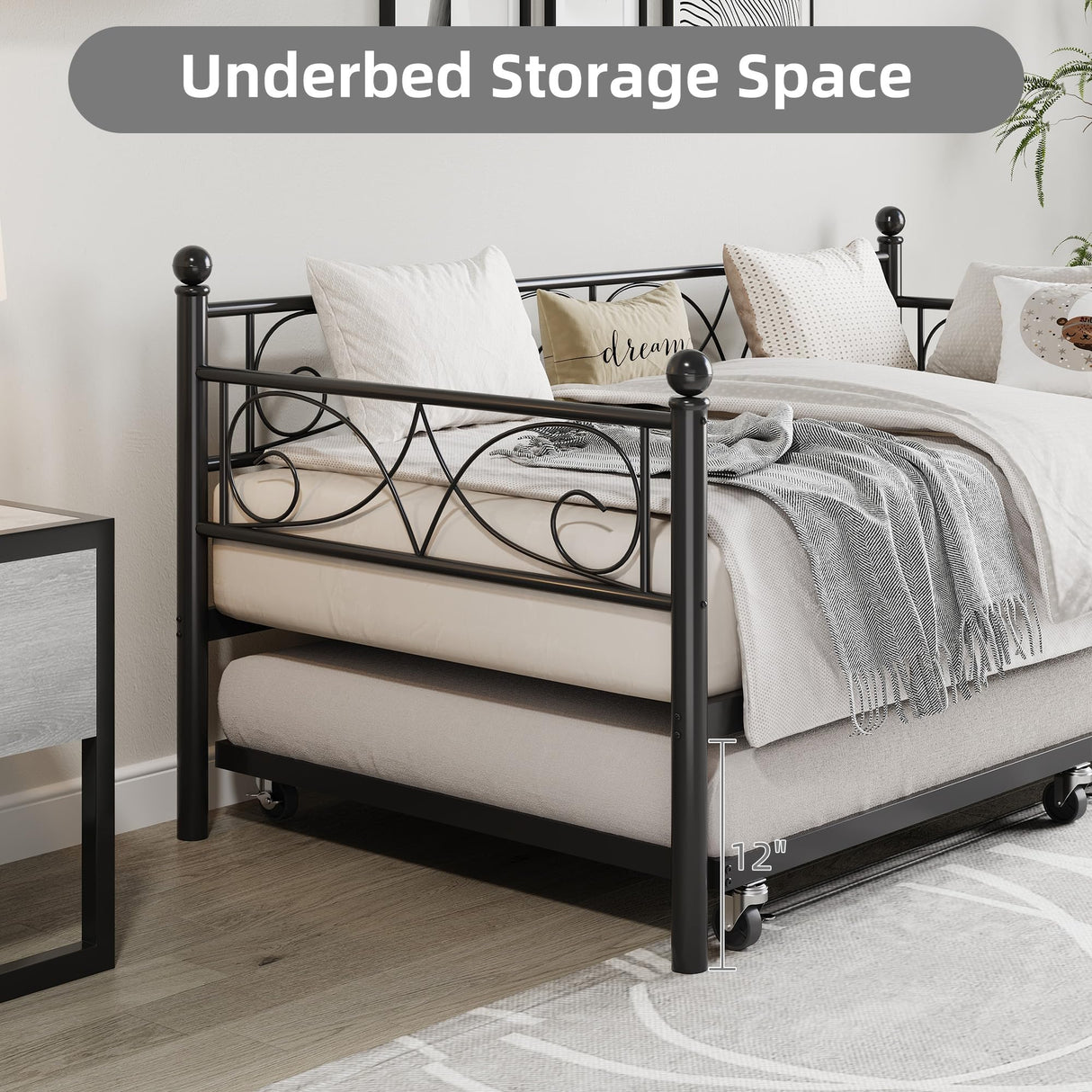 GarveeHome Daybed with Trundle Bed, Twin Size Day Bed with Floral Headboard, Metal Sofa Bed Frame with Pull-Out Trundle, Heavy Duty Steel Slats Supports, for Living Room, Guest Room, Modern Black GarveeHome
