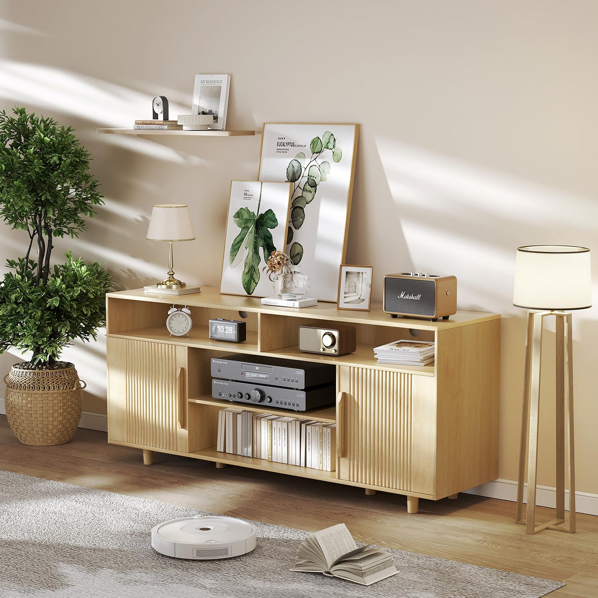 AntsandAnts TV Stand for 70 Inch TV, Fluted Modern Entertainment Center with Storage, Media Console Cabinet w/Adjustable Shelves & Doors, Wood TV Stands for Living Room, Bedroom, Natural Oak AntsandAnts