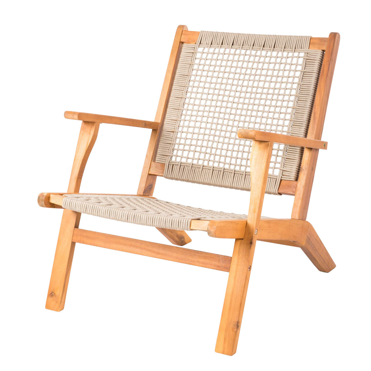 Patio Sense 62773 Vega Natural Stain Outdoor Chair Acacia Wood Construction Hand Woven Seat Mid Century Design Comfortable Reclining Armchair Patio Lawn Garden Backyard Deck - Ecru Cording Patio Sense