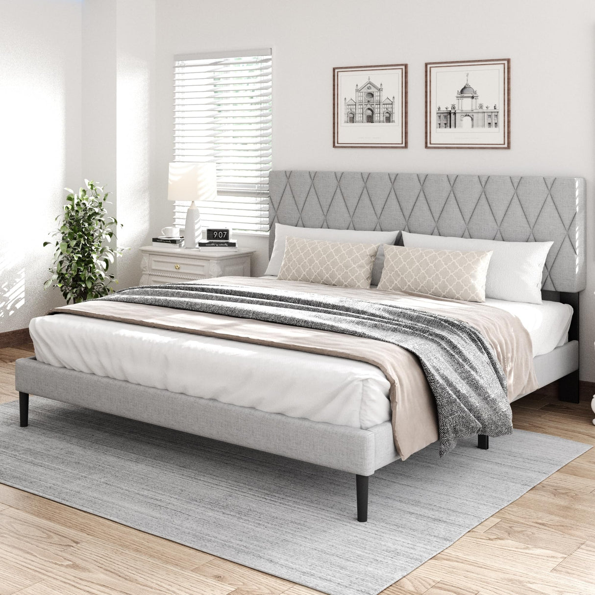 CXVX King Size Bed Frame with Diamond Tufted Headboard, Linen Upholstered Platform Bed and Wooden Slat Support, Noise-Free, No Box Spring Needed, Easy Assembly, Light Grey CXVX
