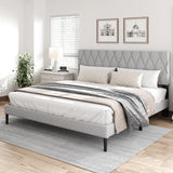 CXVX King Size Bed Frame with Diamond Tufted Headboard, Linen Upholstered Platform Bed and Wooden Slat Support, Noise-Free, No Box Spring Needed, Easy Assembly, Light Grey CXVX