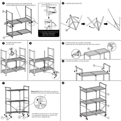 3 Tier Rolling Utility Foldable Cart - Metal Folding Cart with Wheels, Collapsible Service Cart Storage Shelf Rack for Kitchen Office Garage Plant Outdoor cart, Gray