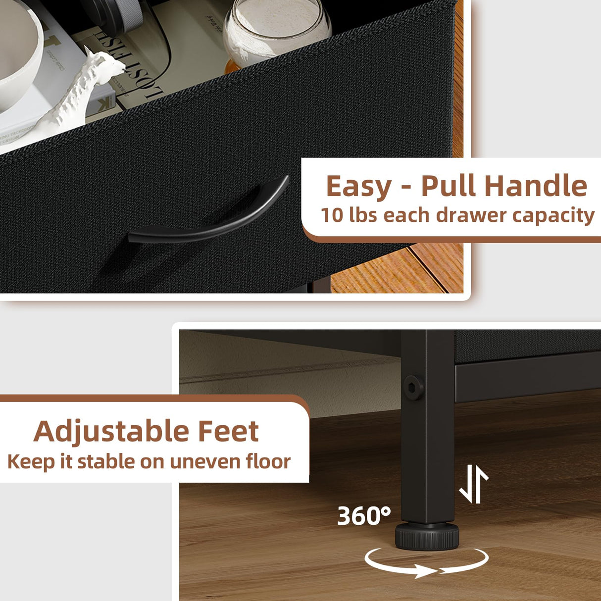 Somdot Nightstand with 2 Drawers, Bedside Table Small Dresser with Removable Fabric Bins for Bedroom Nursery Closet Living Room - Sturdy Steel Frame, Wood Top, Pull Handle - Black Somdot