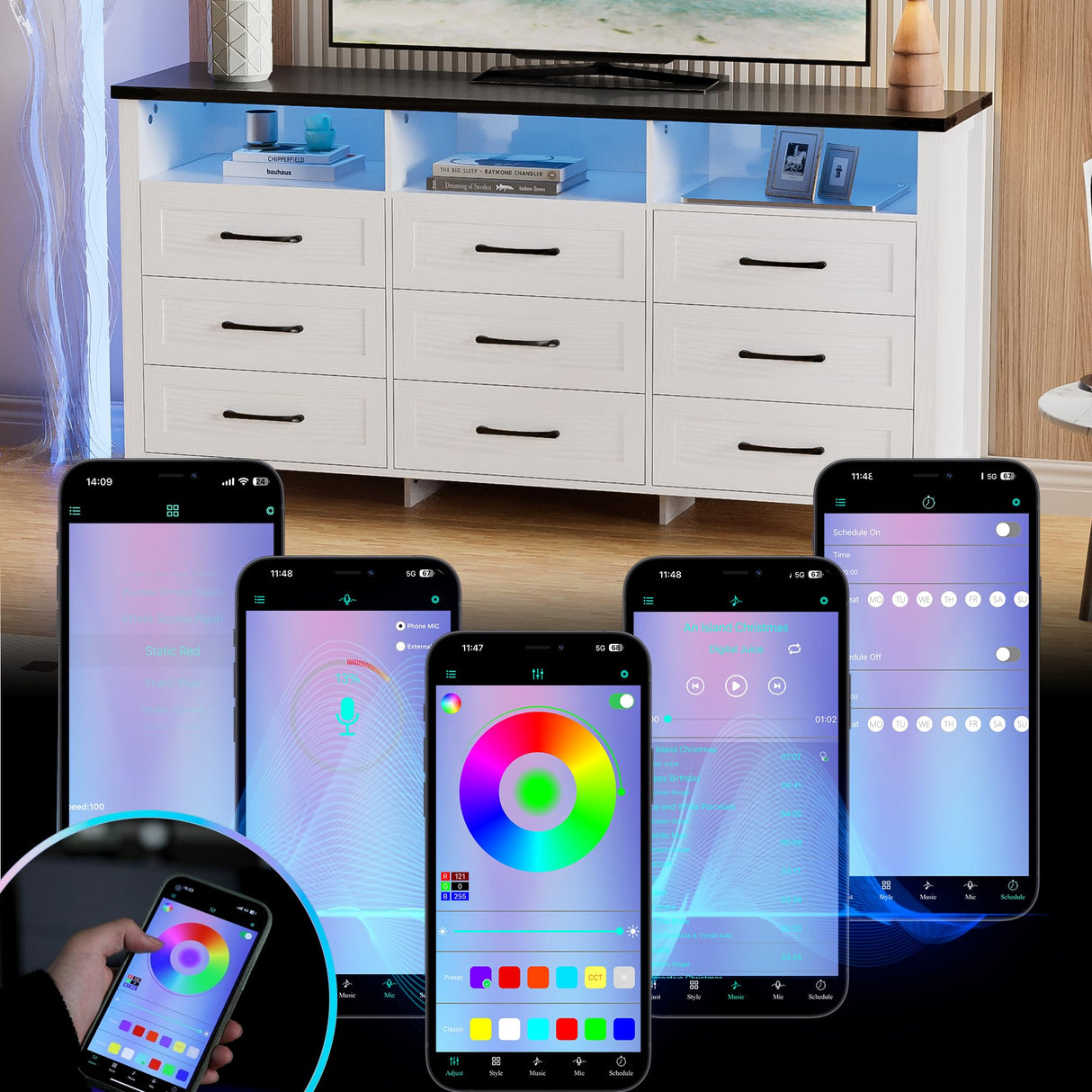 Anbuy White Dresser for Bedroom 12 Drawers with LED Lights, 63" Long Chest of Drawers with Large Drawers, Modern 9 Drawer Dresser with 3 Open Space for Bedroom, Living Room, Entryway,Hallway (White Anbuy