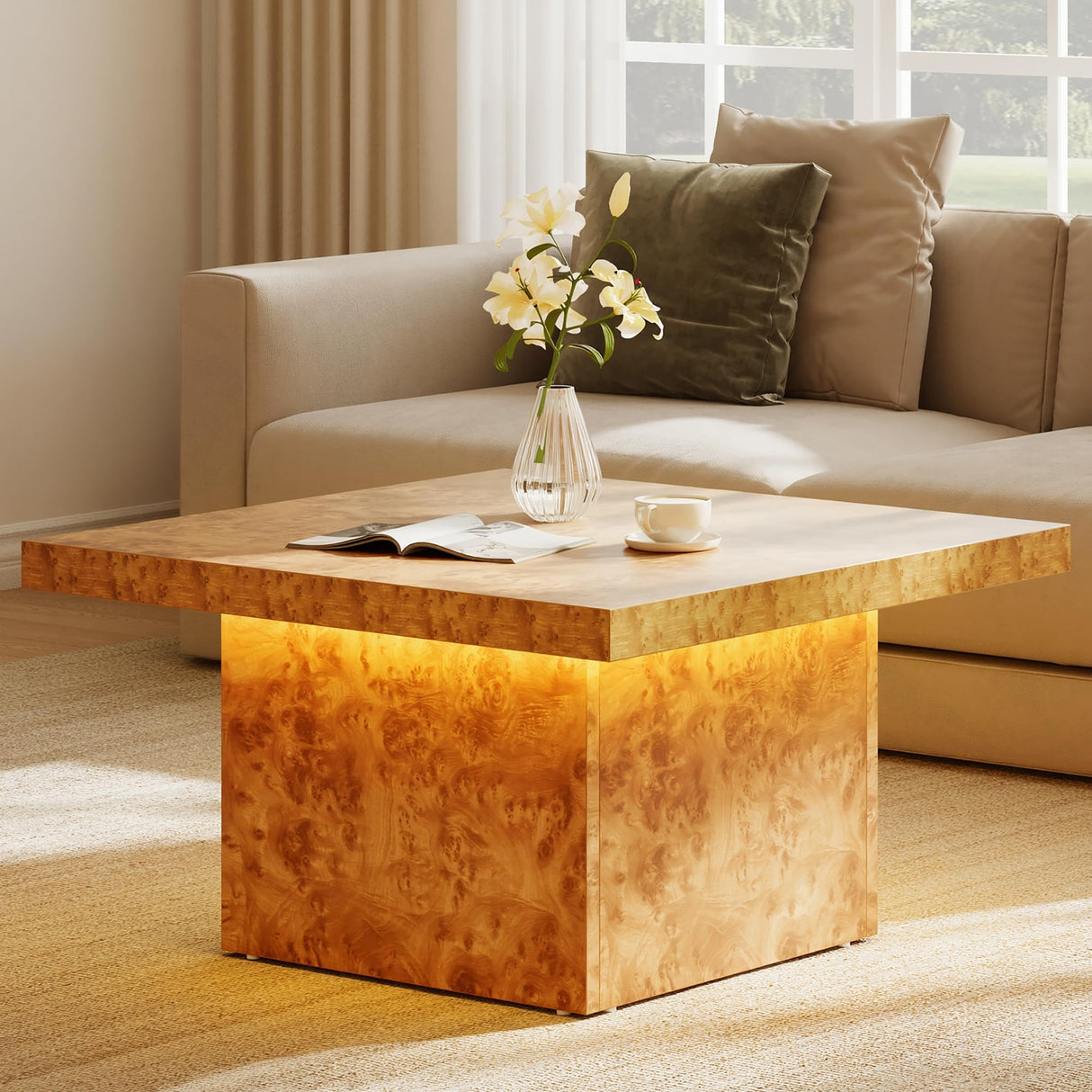 YITAHOME Coffee Table Square LED Coffee Table, Burl Wood Grain Tea Coffee Tables for Living Room/Apartment, Modern Wooden Center Table for Office Decor, Burl Wood YITAHOME