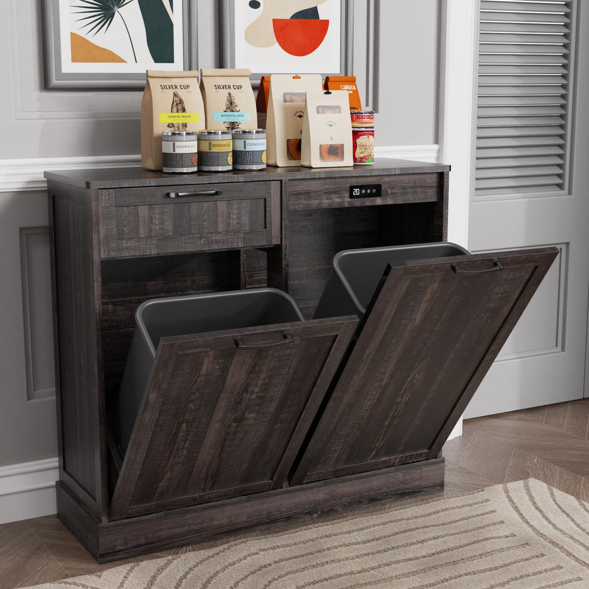 Double Tilt Out Trash Can Cabinet, Kitchen Island with Trash Can Storage, Trashcan Cabinet for Kitchens, Wood Cabinet with Trash Can Pull Out, Dog Proof Trash Can, Tilt Out Laundry Hamper, Brown LOUVIXA